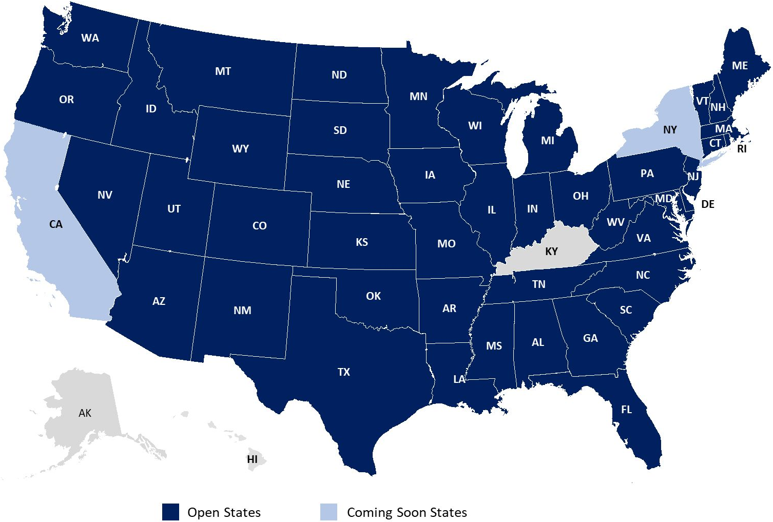 Map of the U.S.A. showing states where InsuraMatch Excess and Surplus solutions are available
