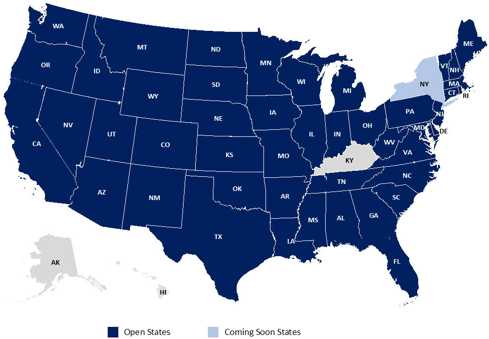 Map of the U.S.A. showing states where InsuraMatch Excess and Surplus solutions are available